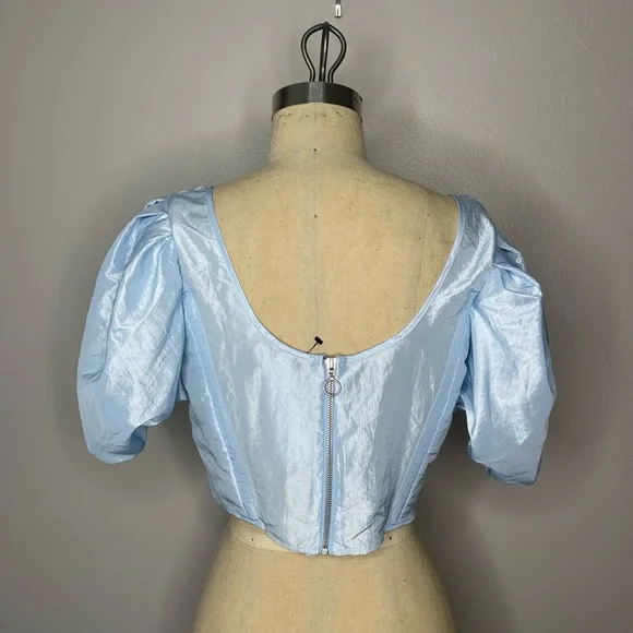 New without Tags TopShop Sky Blue Puff Sleeves Corset Crop Top - Picture 3 of 5